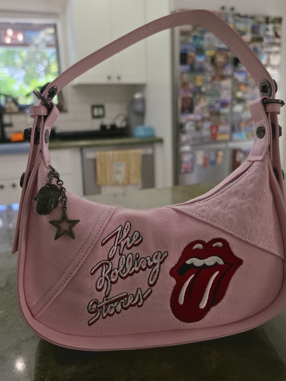 The Rolling Stones Pink Embroidered Shoulder Bag with Tongue Patch